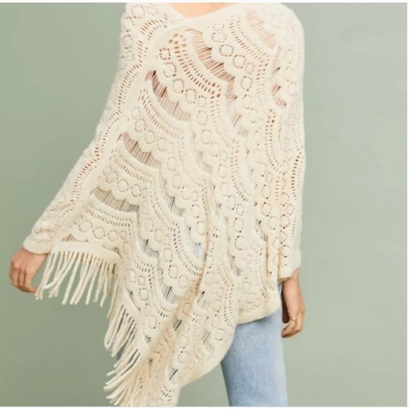 Anthropologie Sleeping on Snow Fringe White Poncho - Picture 2 of 4